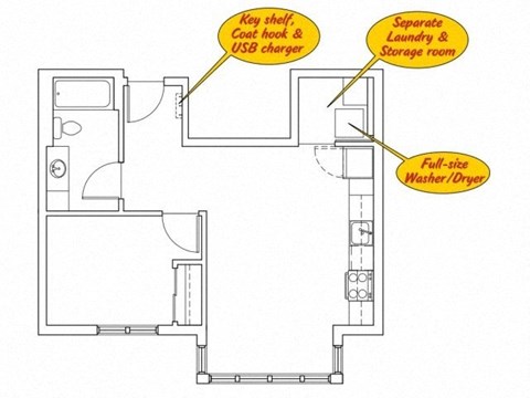 Floor plan for 1 bed, 1 bath, 601 sqft